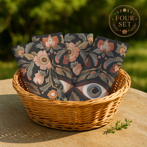 Set of four square black polyester cloth napkins featuring a central embroidered-style eye motif framed by floral and leaf patterns in autumnal tones of rust, ochre, and gold. The design is printed on one side, with a white reverse. Each napkin measures 18x18 inches.